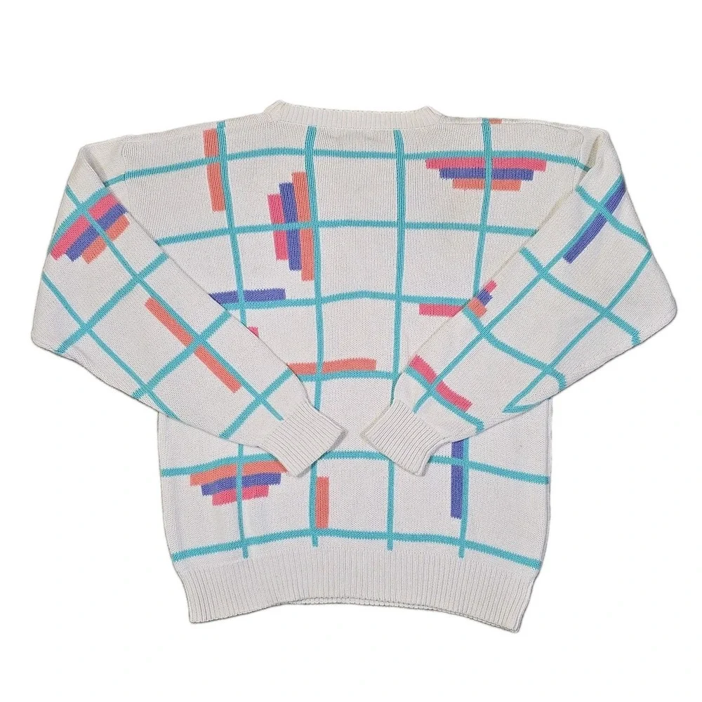IZOD Club USA 100% Cotton Geometric Sweater Vintage 80s Womens L‎ Abstract Knit